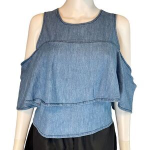 JW Styles Cold Shoulder Denim Top Blue